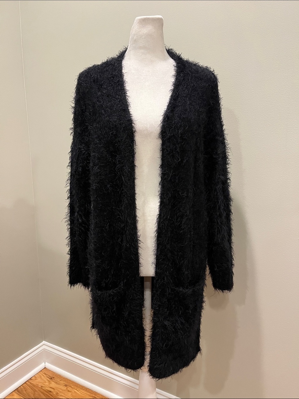 Chelsea & Theodore Black Eyelash Open Front Cardigan